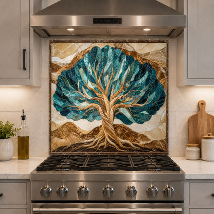 Tree of Life tempered glass backsplash installed in a contemporary home bar area
