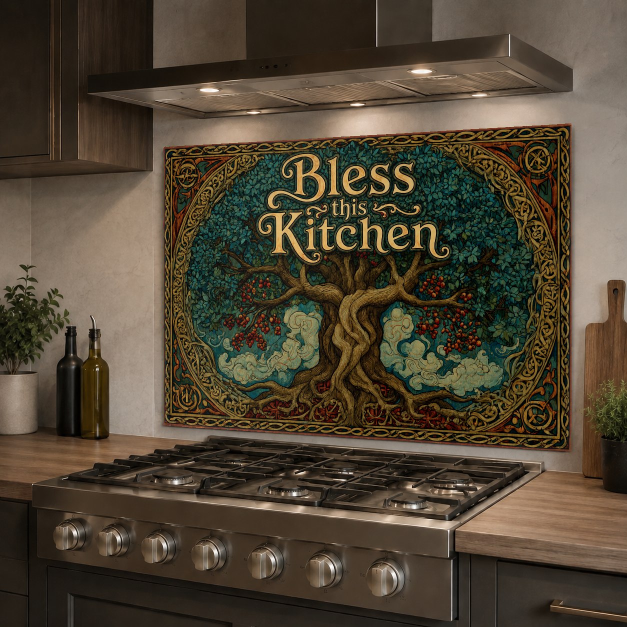 Bless This Kitchen art glass backsplash panel mounted in a home bar area