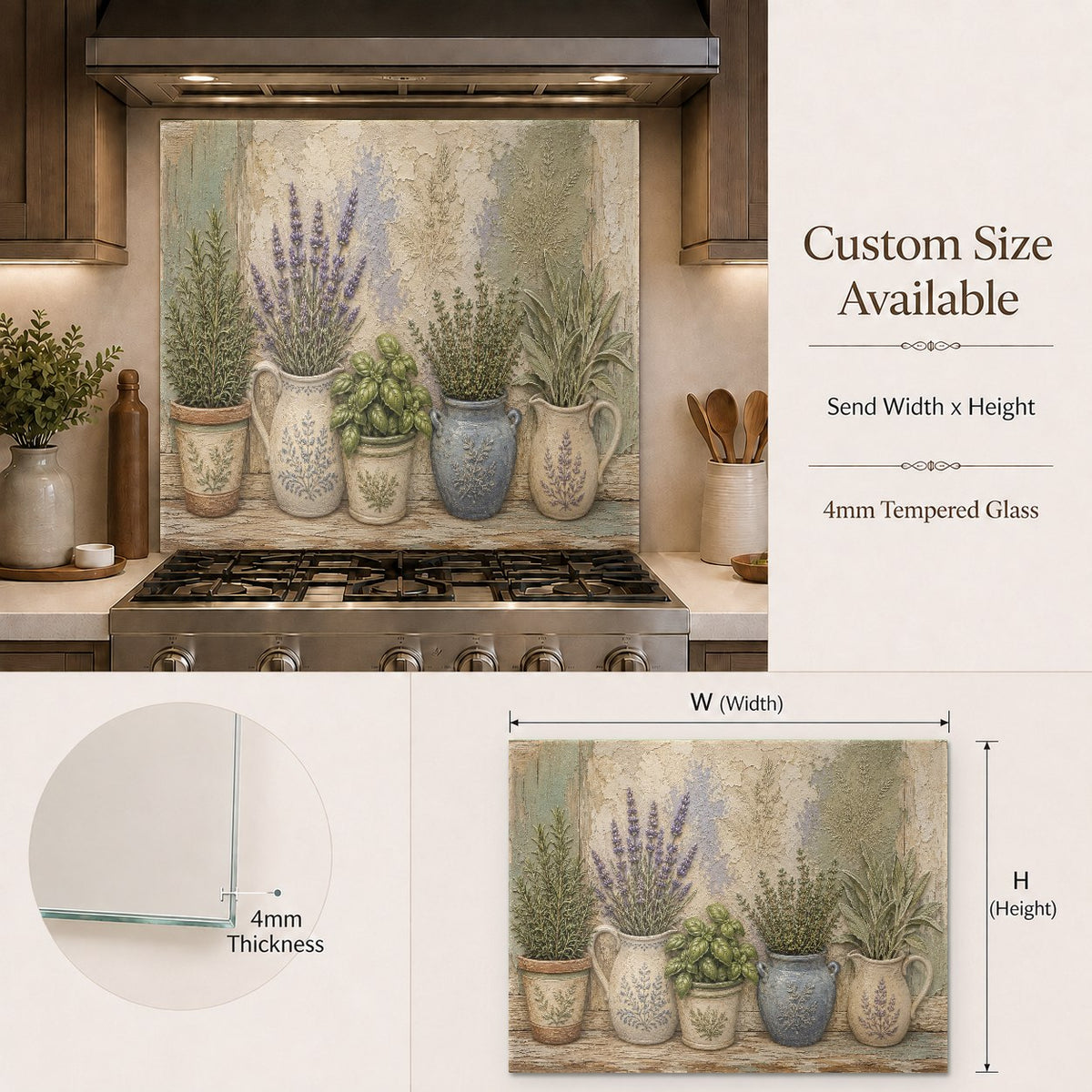 Botanical kitchen glass panel behind a coffee bar setup