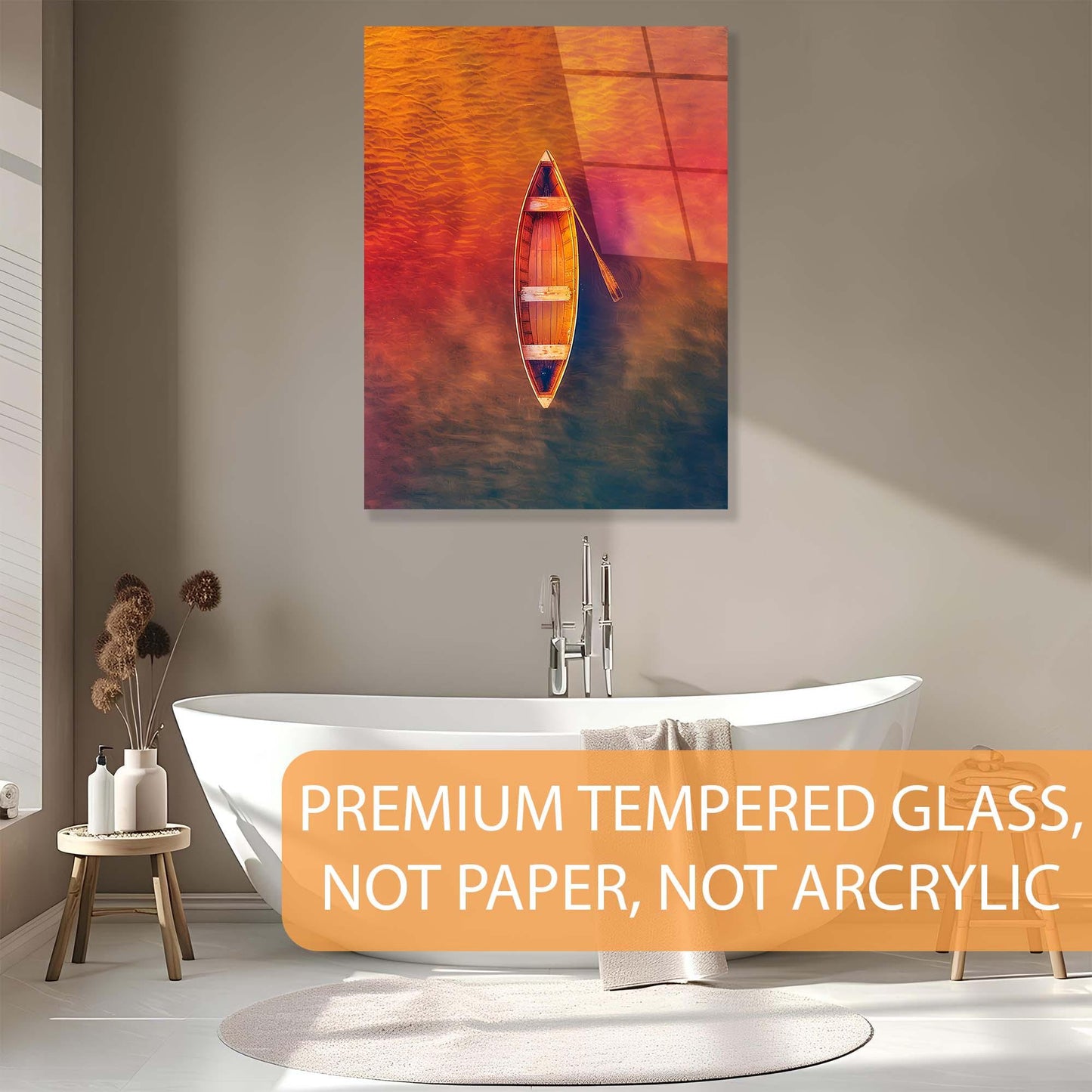 Modern bathroom interior with a colorful boat painting on the wall above a freestanding bathtub.