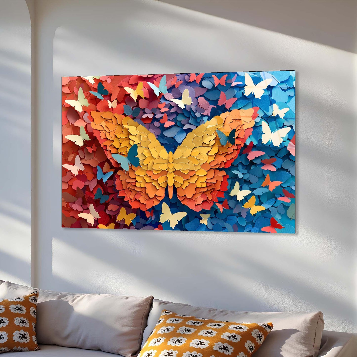 Colorful butterfly artwork on a wall above a sofa with patterned cushions.