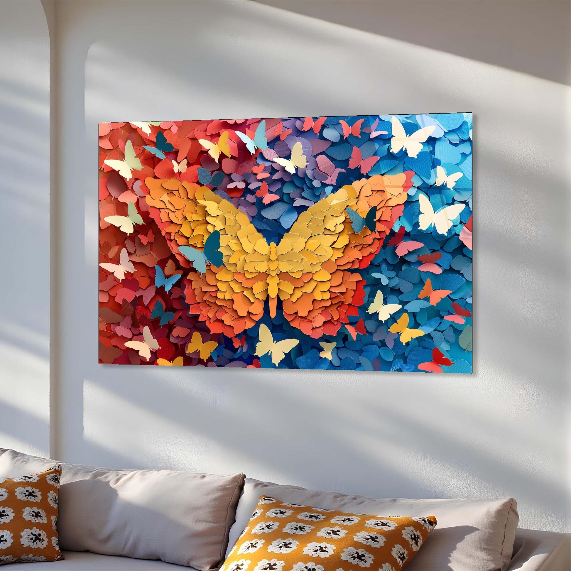 Colorful butterfly artwork on a wall above a sofa with patterned cushions.