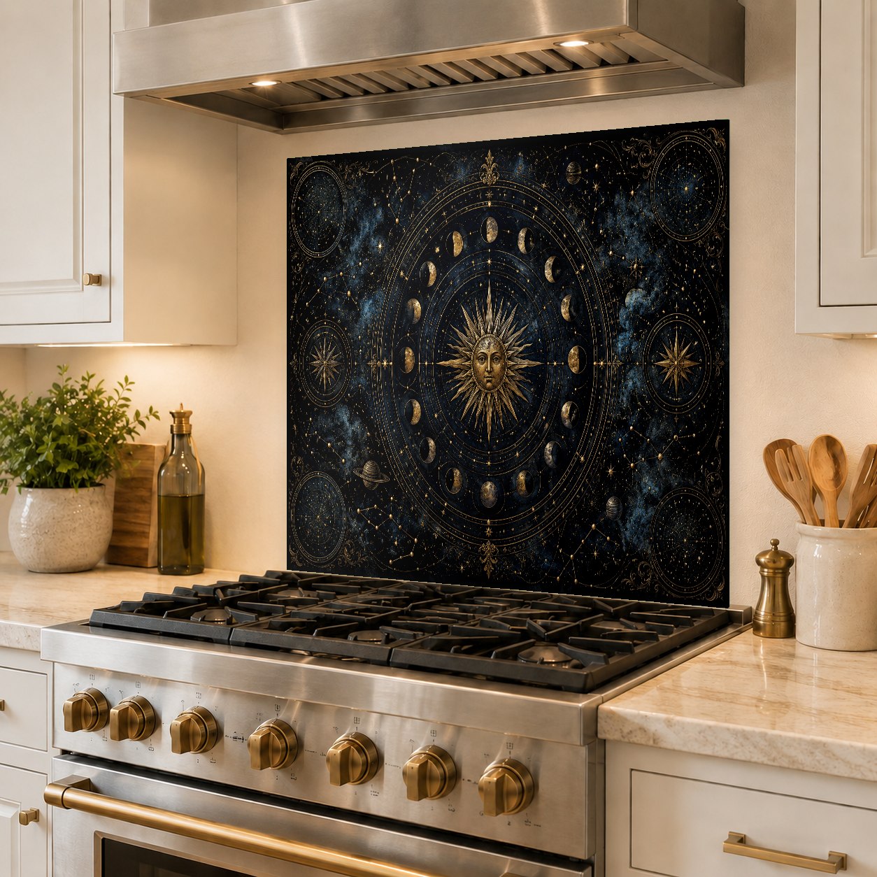 Stunning cosmic atlas glass backsplash installed in a luxury bar area