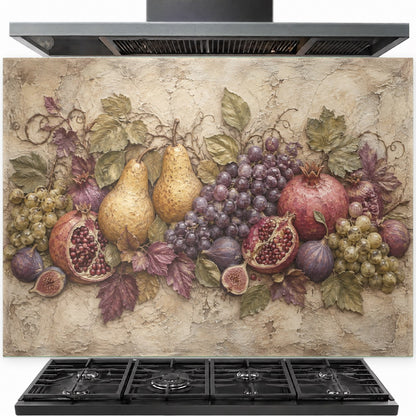 Fresh fruit tempered glass backsplash installed behind a modern kitchen stove