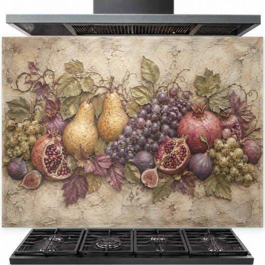 Fresh fruit tempered glass backsplash installed behind a modern kitchen stove