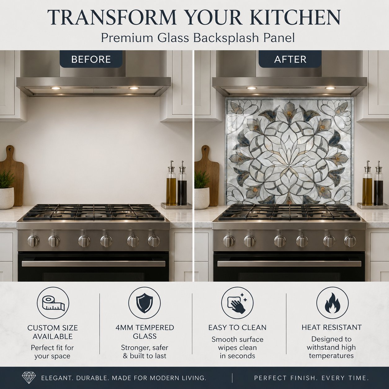 Floral marble mandala tempered glass kitchen backsplash installed behind stove in white kitchen