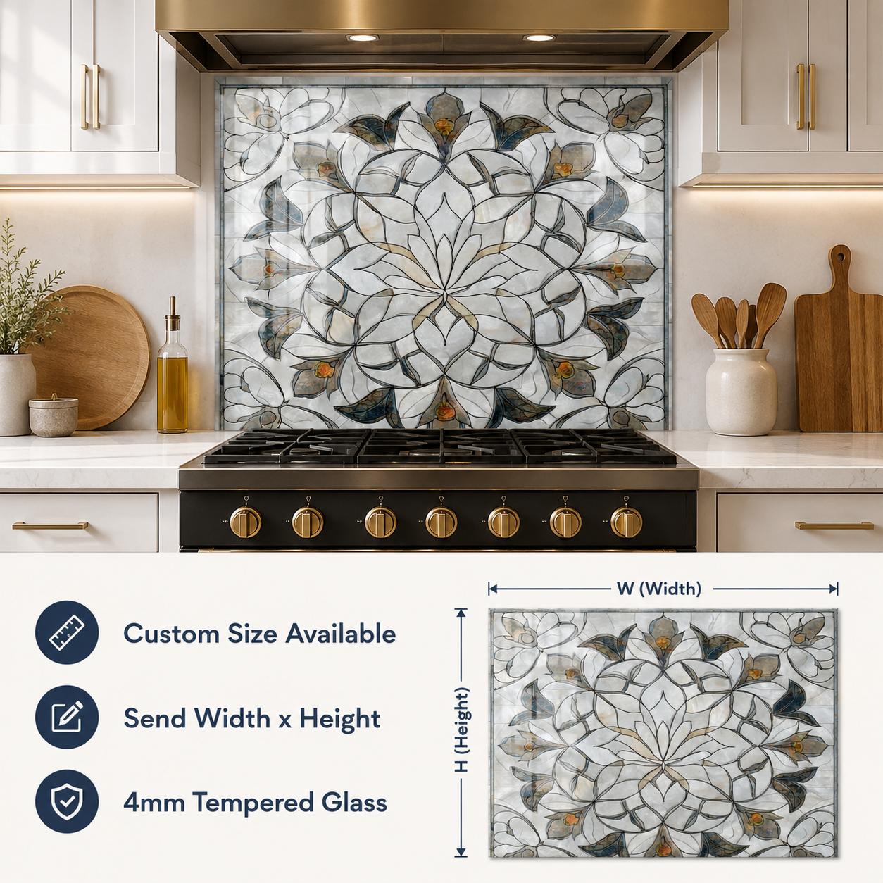 Floral marble mandala tempered glass kitchen backsplash installed behind stove in white kitchen