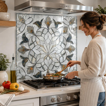Floral marble mandala tempered glass kitchen backsplash installed behind stove in white kitchen