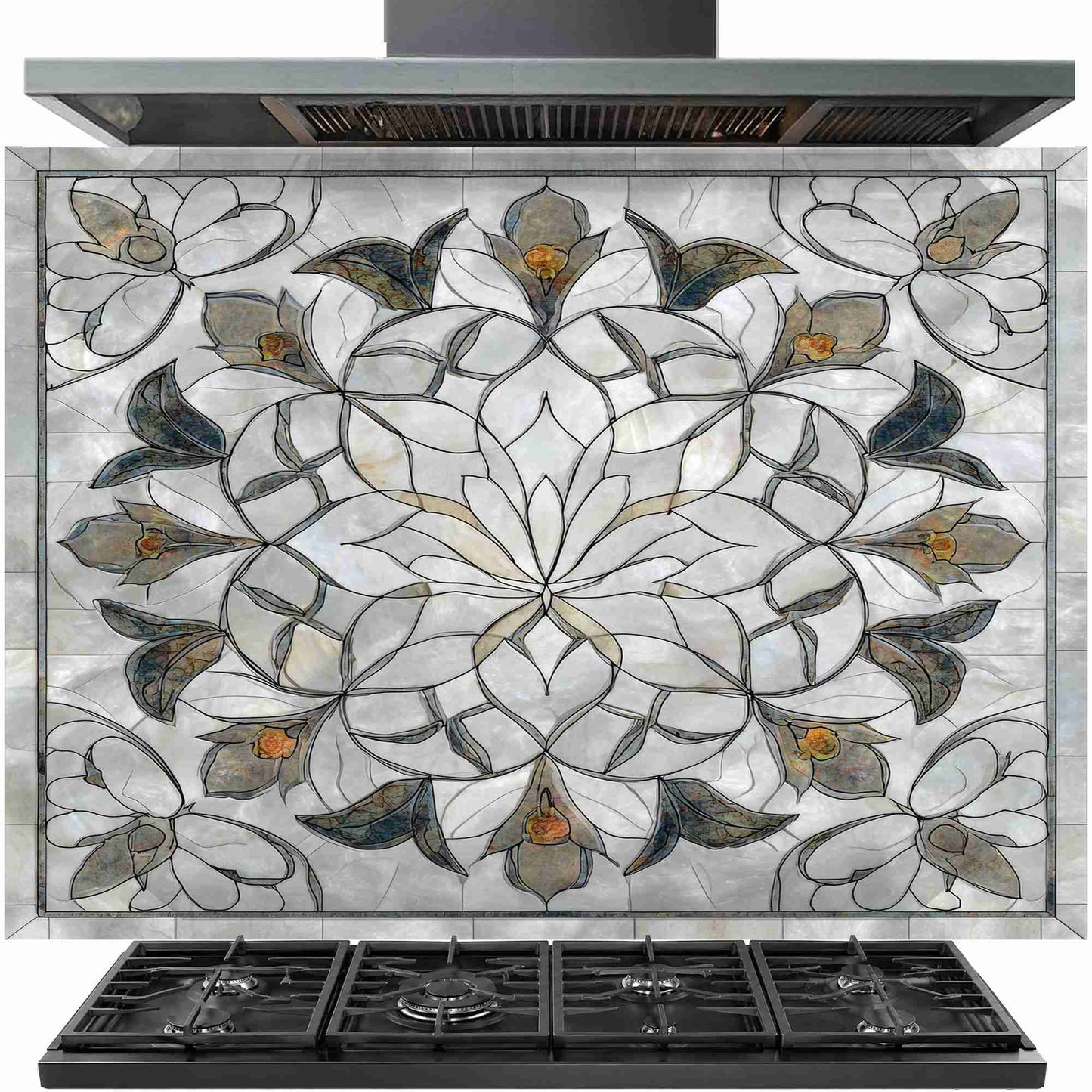 Floral marble mandala tempered glass kitchen backsplash installed behind stove in white kitchen