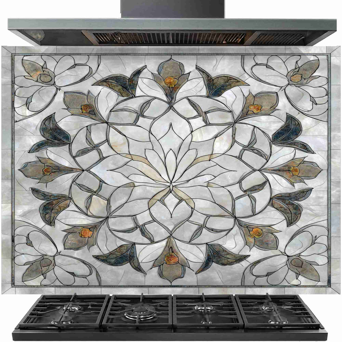 Floral marble mandala tempered glass kitchen backsplash installed behind stove in white kitchen