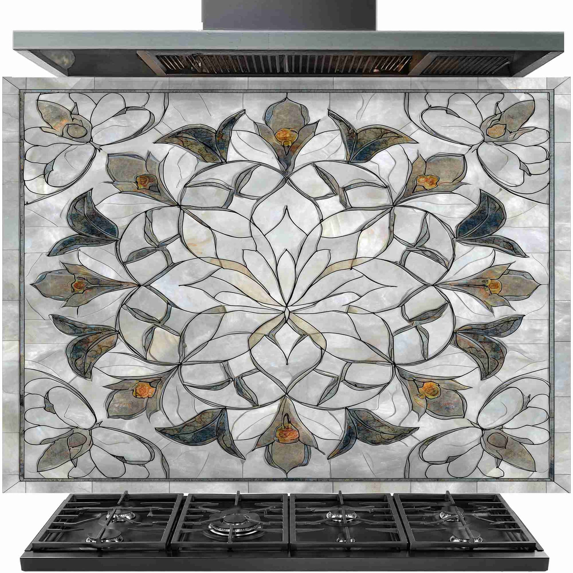 Floral marble mandala tempered glass kitchen backsplash installed behind stove in white kitchen