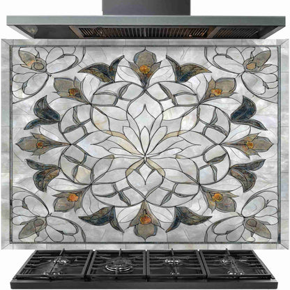 Floral marble mandala tempered glass kitchen backsplash installed behind stove in white kitchen