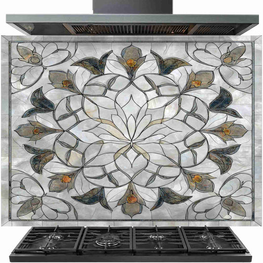 Floral marble mandala tempered glass kitchen backsplash installed behind stove in white kitchen