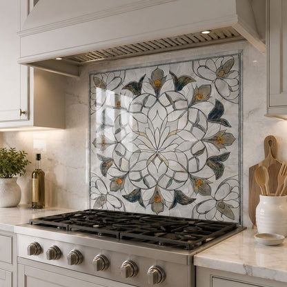 Floral marble mandala tempered glass kitchen backsplash installed behind stove in white kitchen