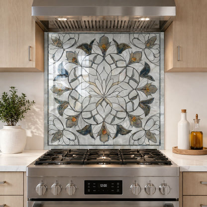 Floral marble mandala tempered glass kitchen backsplash installed behind stove in white kitchen