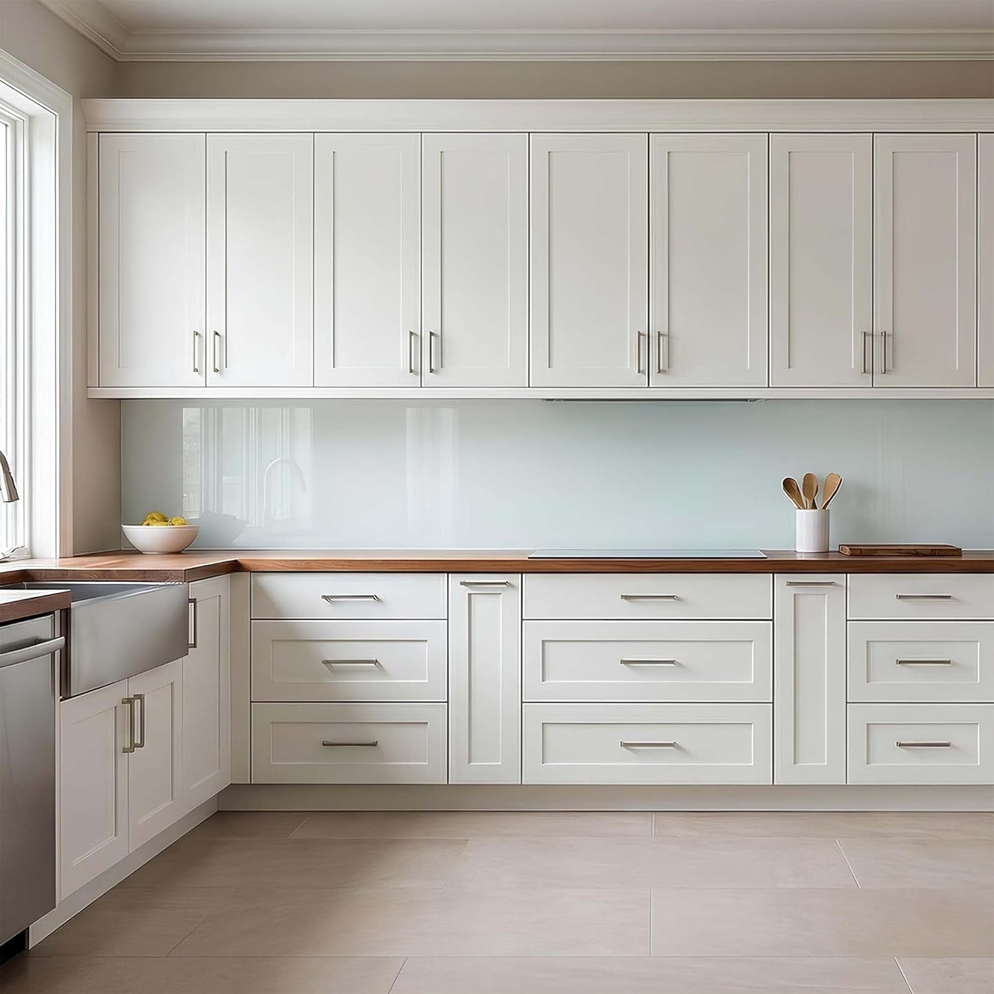 Modern kitchen with white cabinets, wooden countertops, and stainless steel appliances.