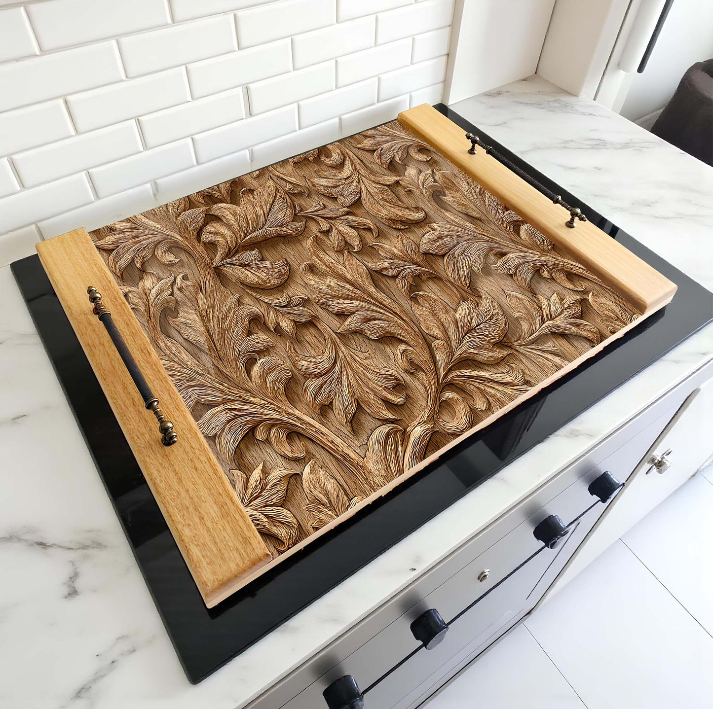 Decorative wooden panel with intricate carvings on a kitchen counter.