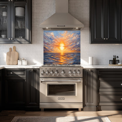 Modern kitchen with a decorative glass backsplash featuring a sunset over water.