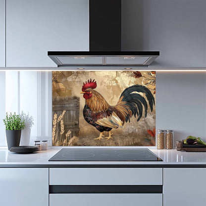 Kitchen with a rooster design splashback behind a stove