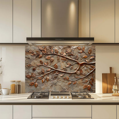 Kitchen with decorative leaf-glass patterned backsplash above stove