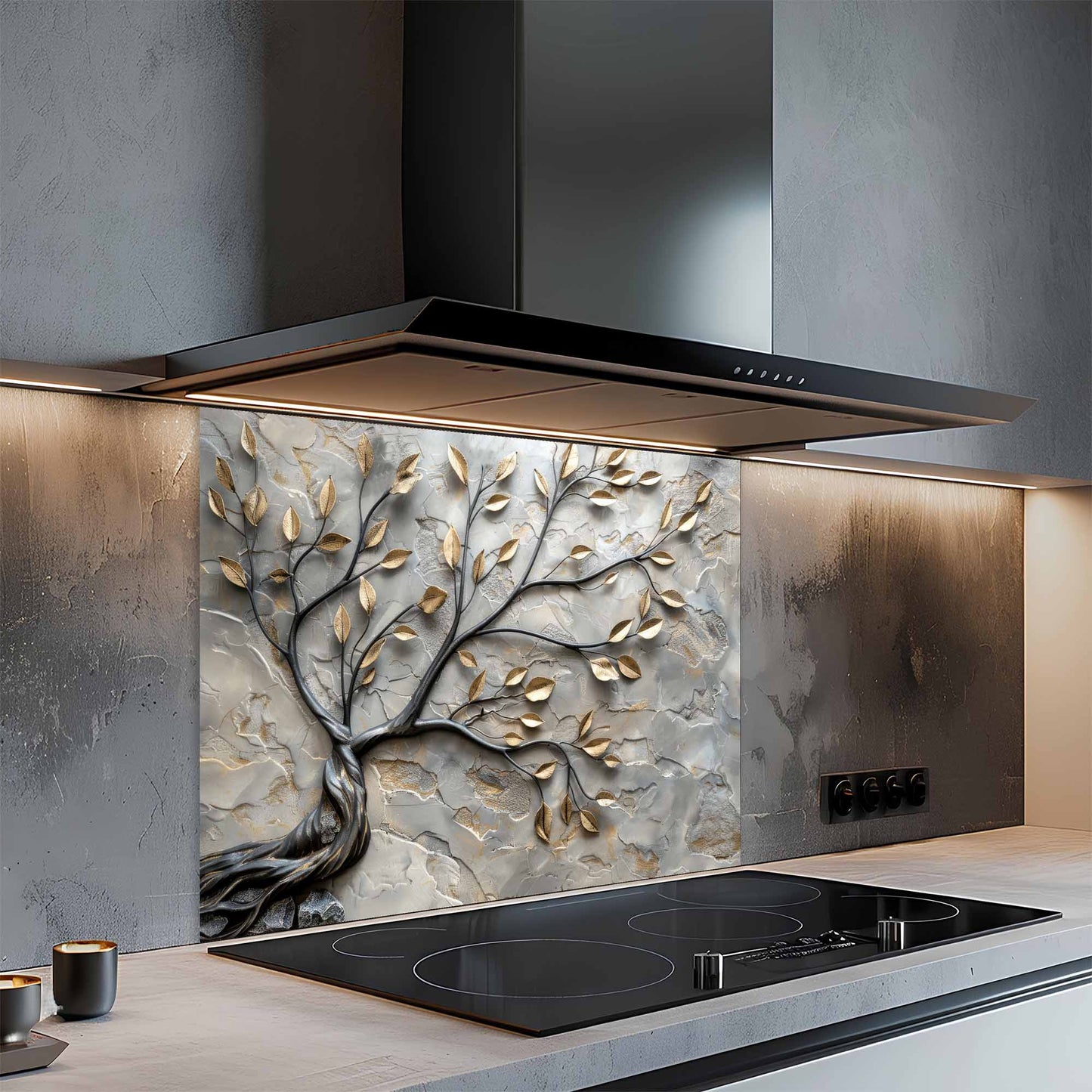 Modern kitchen with a decorative glass splashback featuring a tree design.