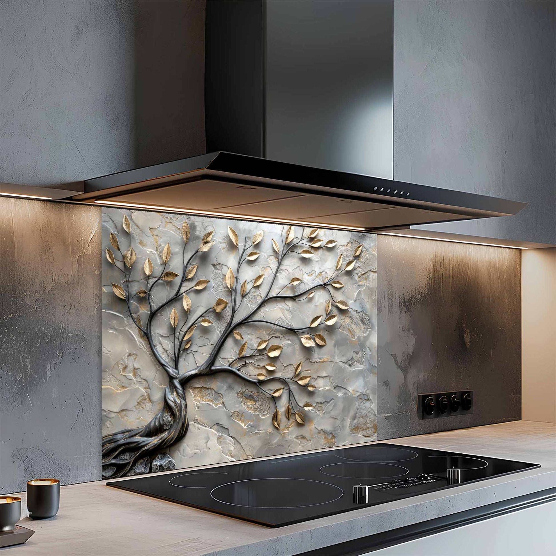 Modern kitchen with a decorative glass splashback featuring a tree design.