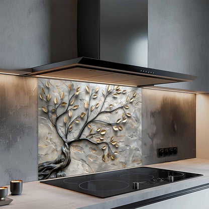Modern kitchen with a decorative glass splashback featuring a tree design.