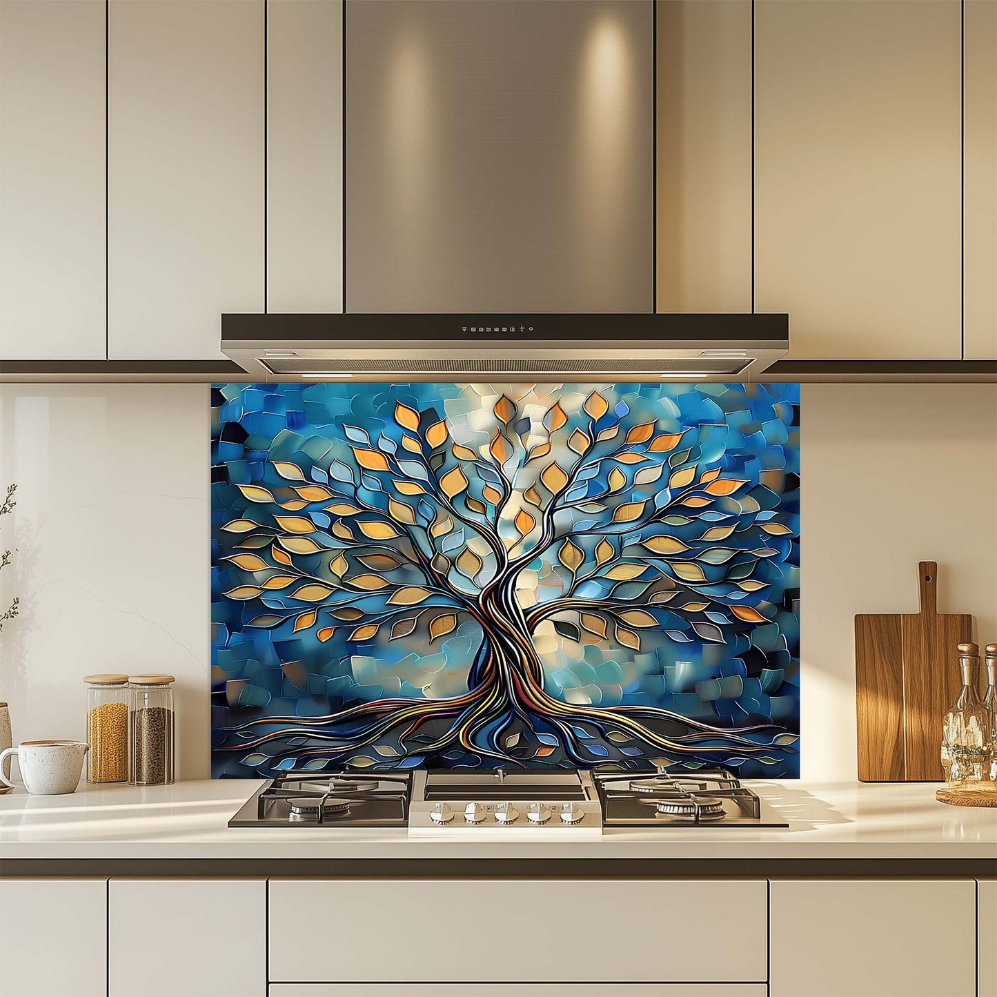 Decorative glass backsplash with a tree design in a kitchen