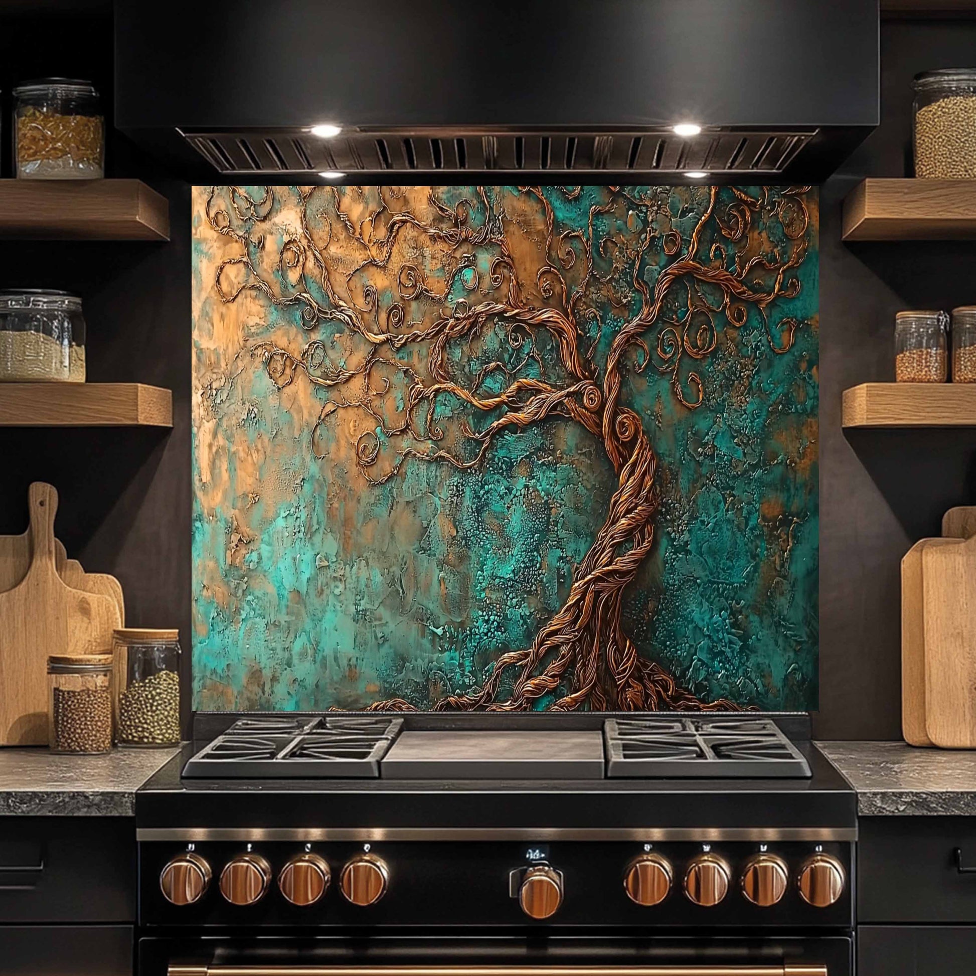 Tempered glass backsplash with tree design above a stove in a kitchen setting.