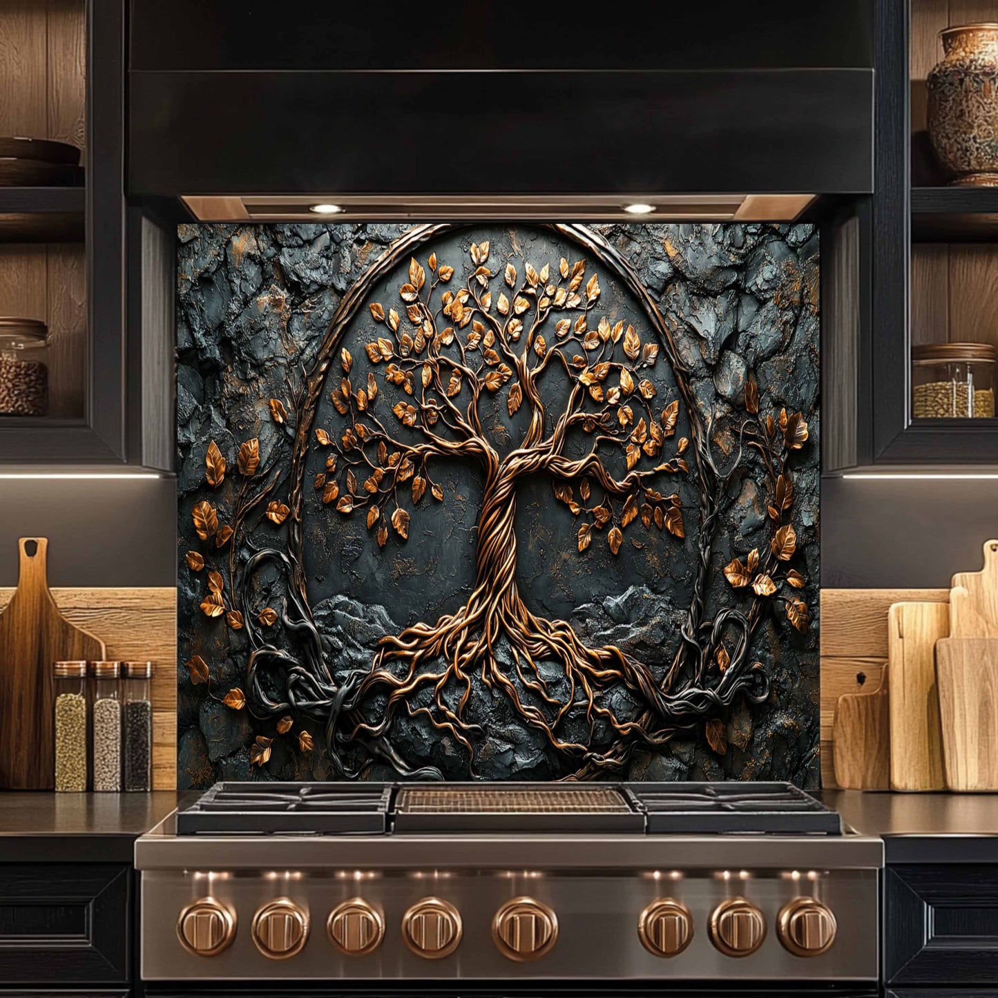 Decorative glass backsplash with a tree design above a stove in a kitchen setting.