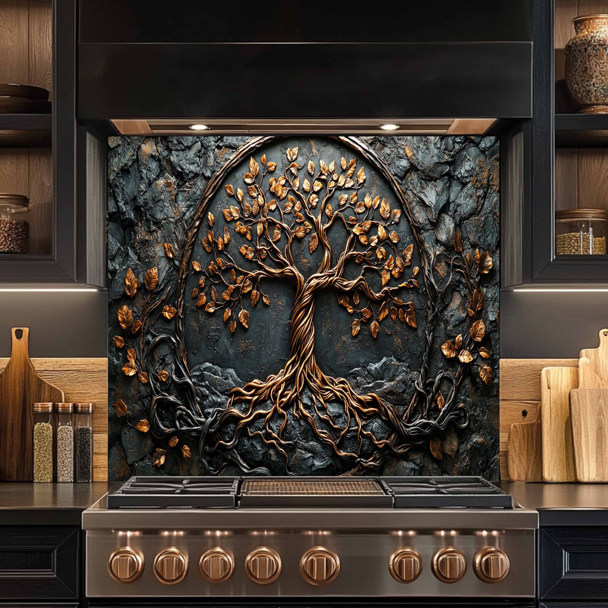 Decorative glass backsplash with a tree design above a stove in a kitchen setting.