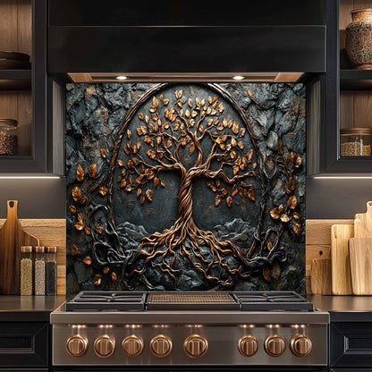 Decorative glass backsplash with a tree design above a stove in a kitchen setting.