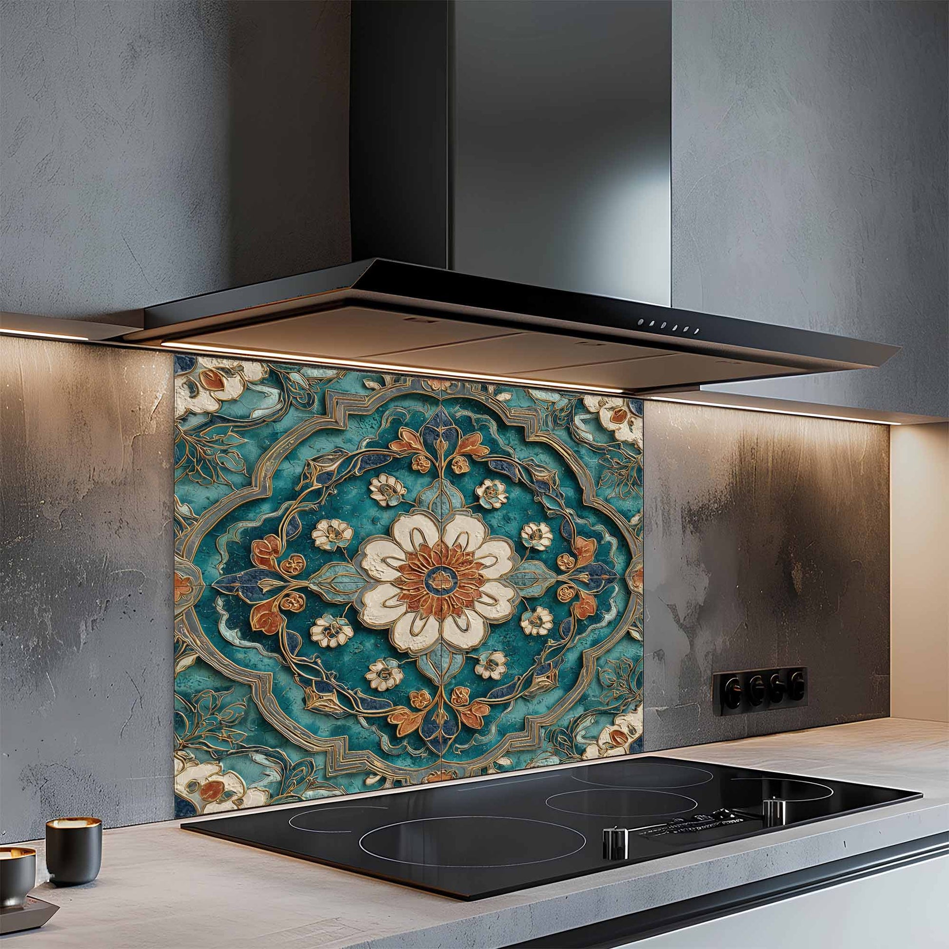 Decorative glass backsplash with floral pattern above a kitchen stove