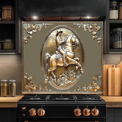 Tempered glass backsplash with copper rider design