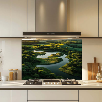 Forest river landscape printed on tempered glass backsplash. Glossy, vibrant, custom fit for kitchen walls.