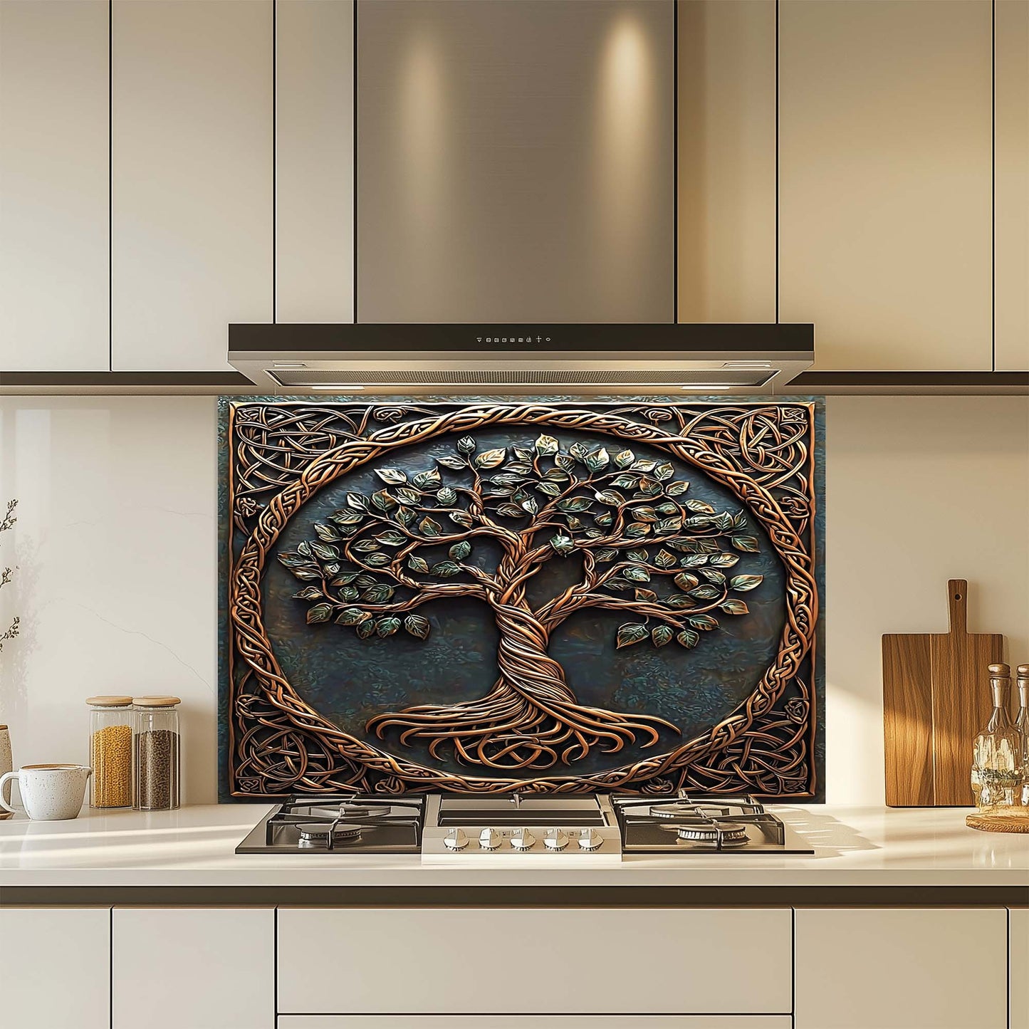 Decorative glass backsplash with a tree design above a kitchen stove