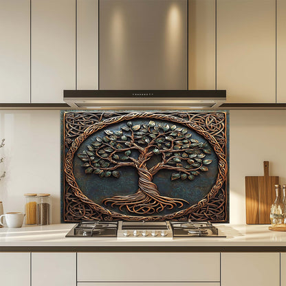 Decorative glass backsplash with a tree design above a kitchen stove