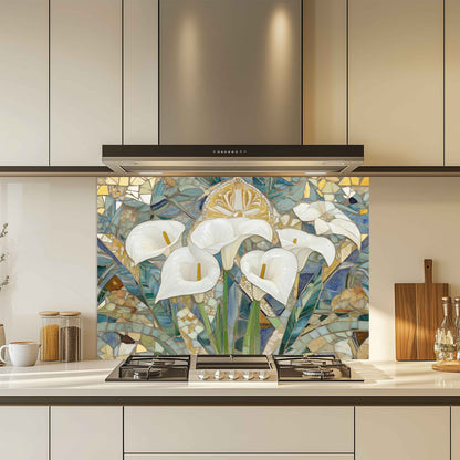 Kitchen with a decorative glass splashback featuring white lilies.