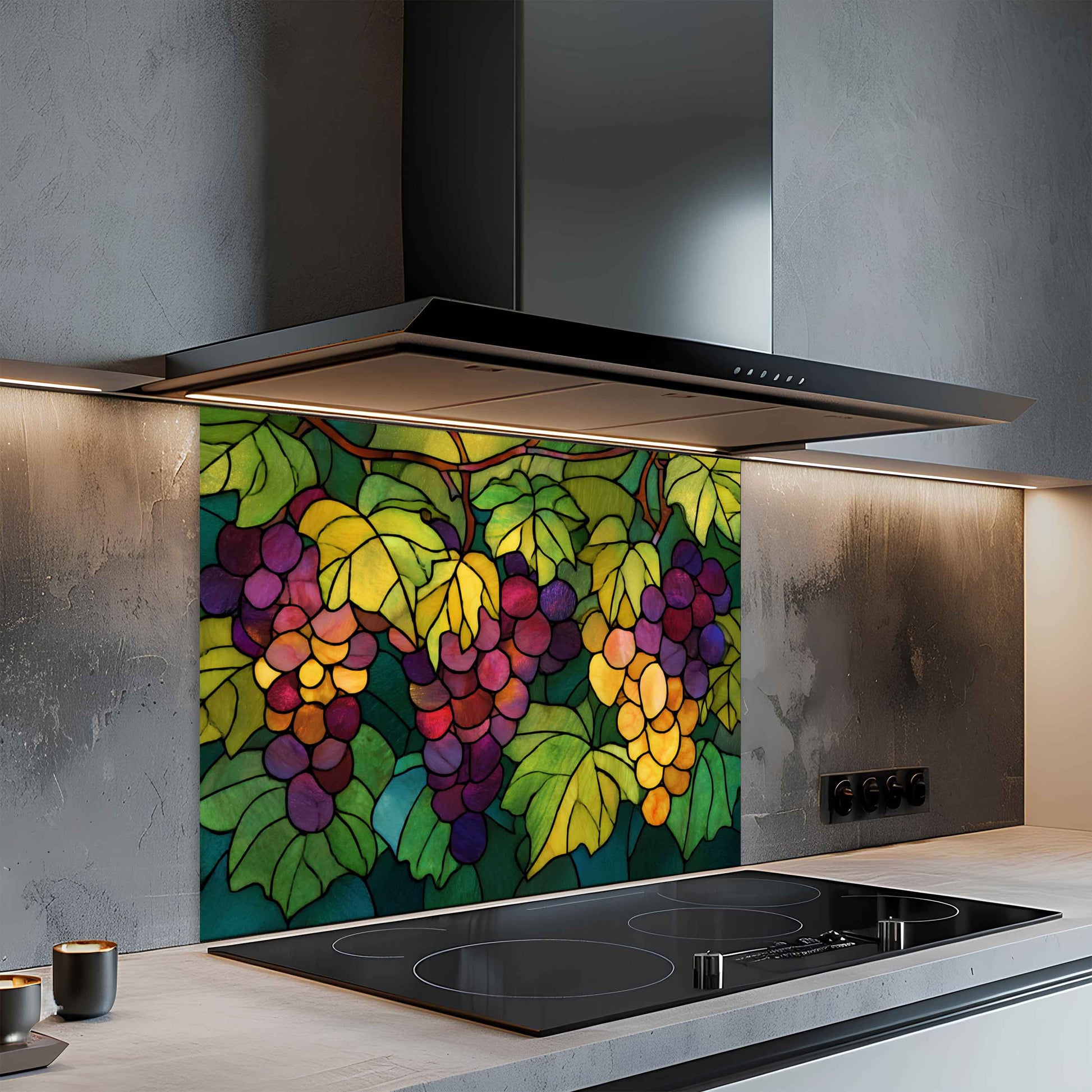 Modern kitchen with a colorful grapevine backsplash