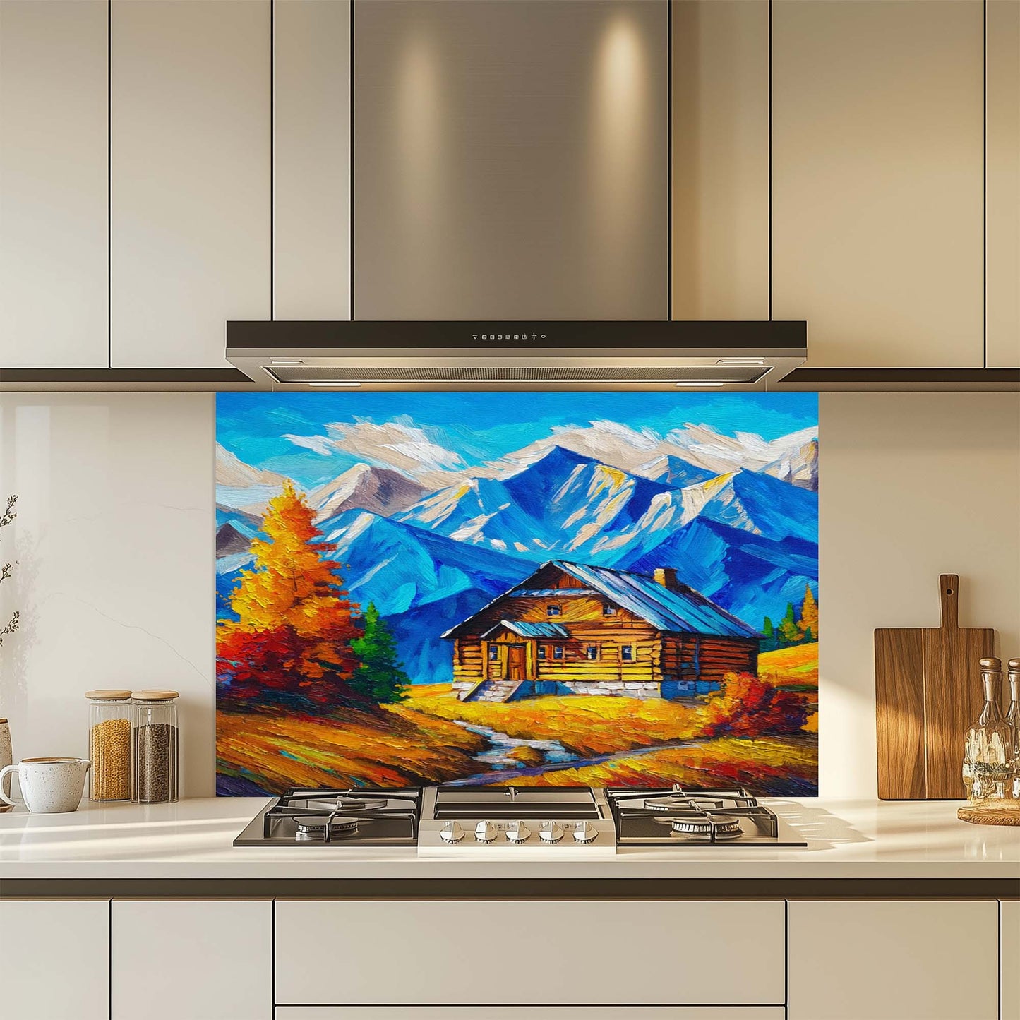 Kitchen with a colorful mountain scene glass backsplash