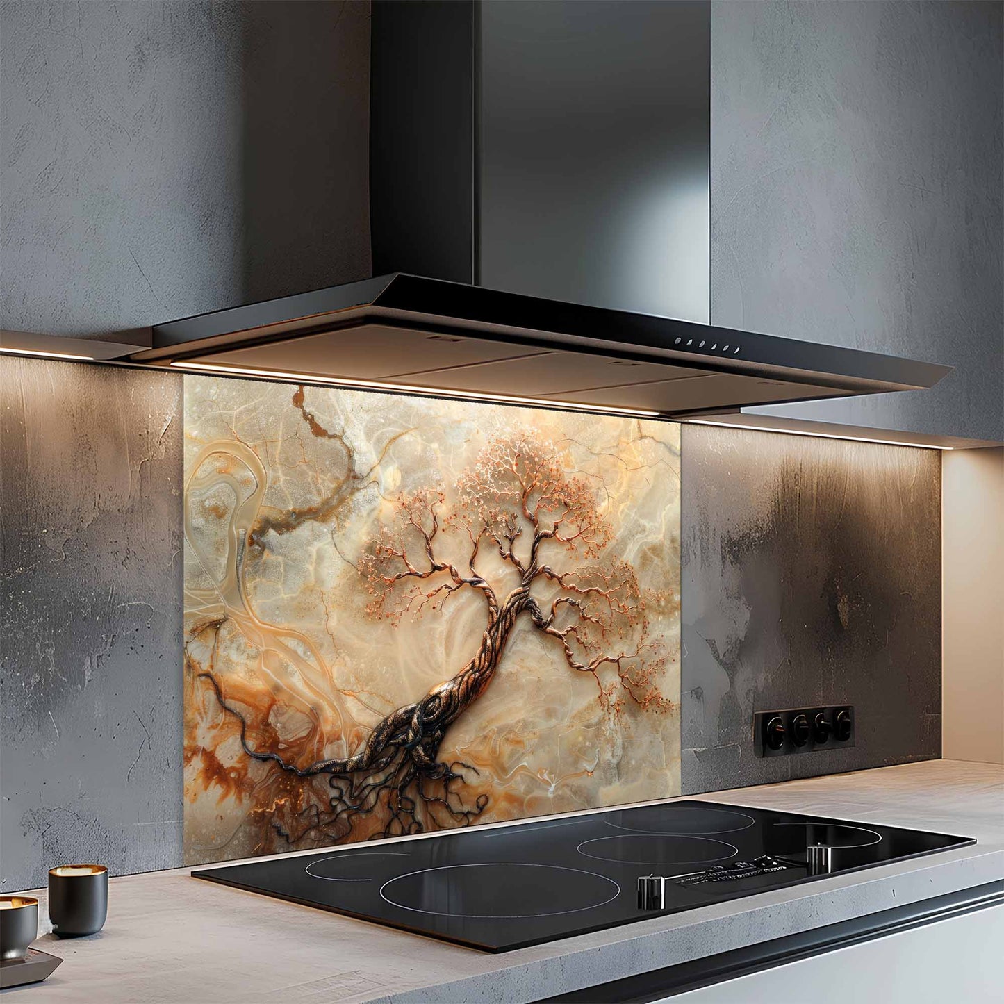 Modern kitchen with a decorative glass backsplash and induction cooktop.