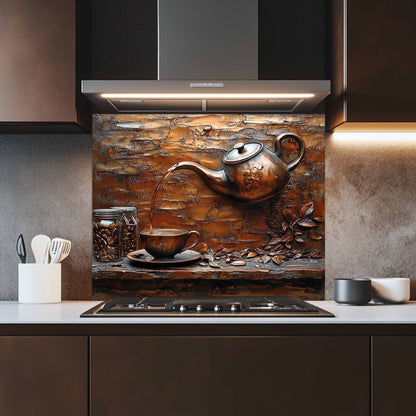 Decorative kitchen backsplash with a teapot and cup design in a modern kitchen.