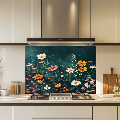 Kitchen with a floral design glass backsplash over a stove
