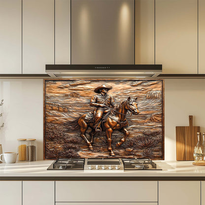 Copper-toned tempered glass backsplash with cowboy riding horse in desert canyon landscape