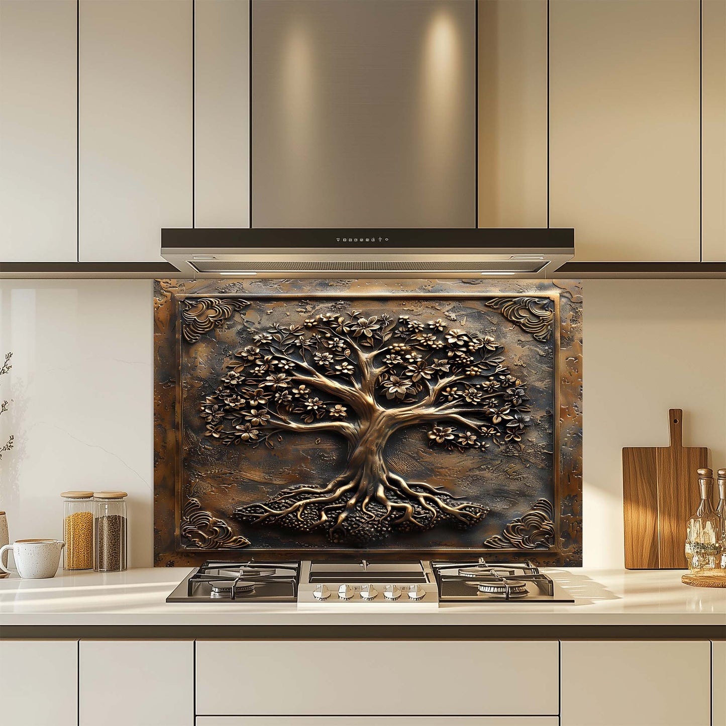 Decorative glass backsplash with tree design above a kitchen stove