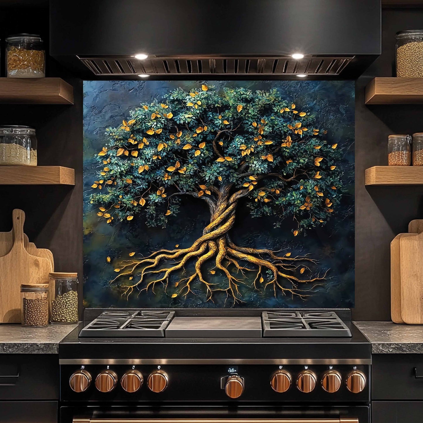 Stainless steel stove with a decorative glass backsplash of a tree with roots above it in a kitchen setting.