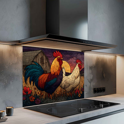 Modern kitchen with a decorative glass splashback featuring roosters.