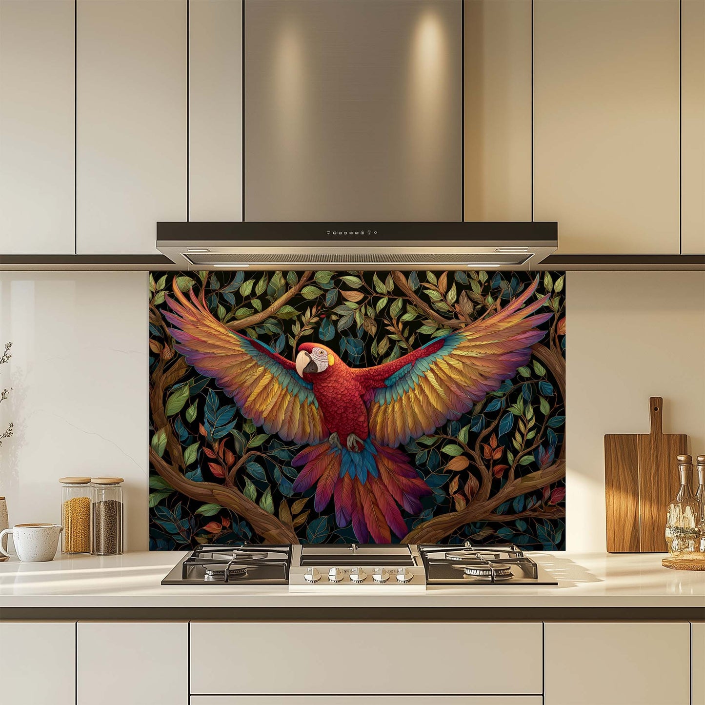 Kitchen with a colorful parrot design on a glass backsplash panel