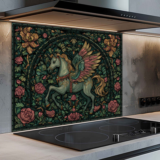 Winged Whimsy Tempered Glass Backsplash – Stained Glass Look Kitchen Panel