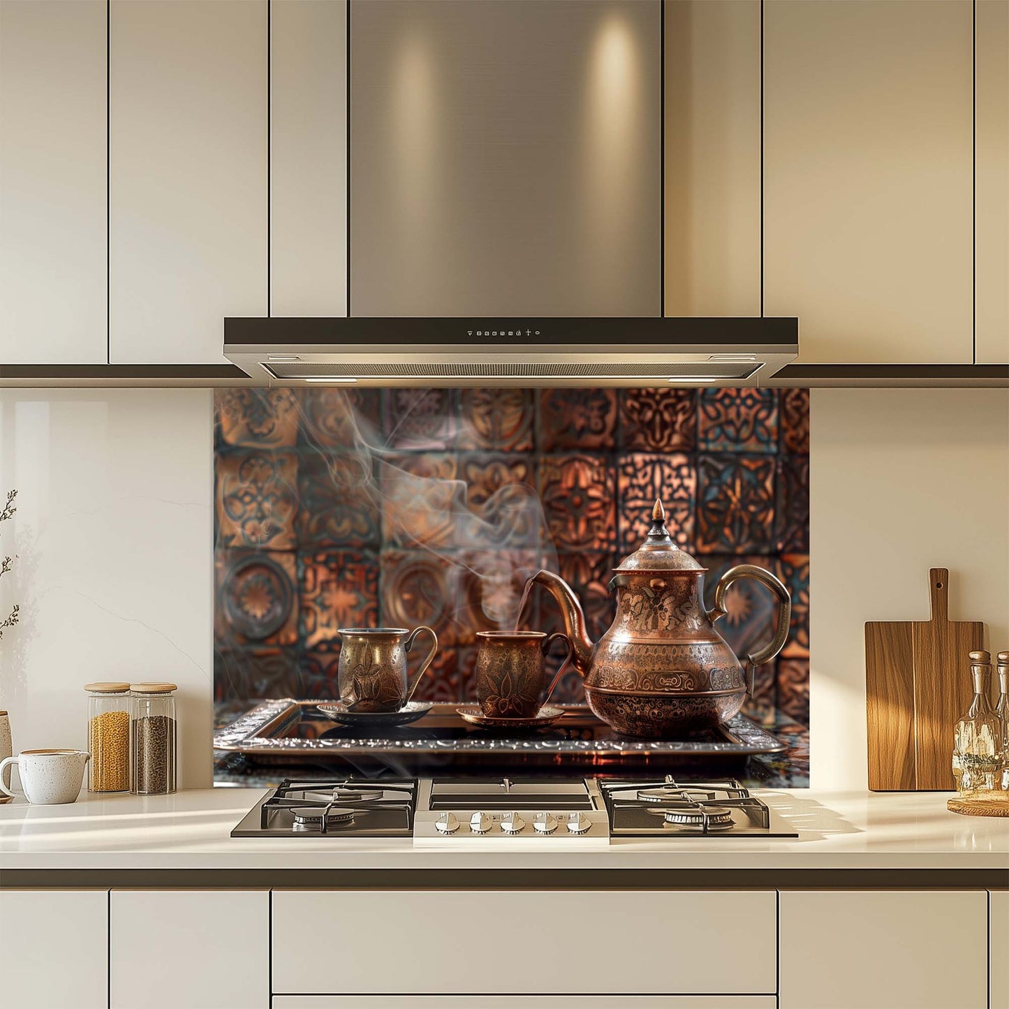 Decorative glass backsplash with copper pots in a modern kitchen
